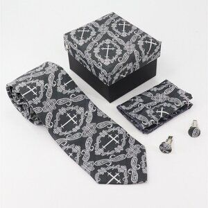NEW 3-Pc Boxed Gift Tie Set Coordinated Print Cuff Links Pocket Square